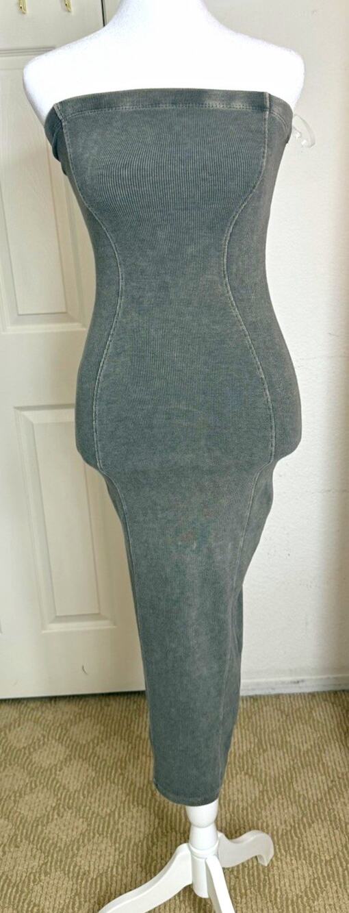 Ellen Strapless Ribbed Knit Bodycon Solid Gray Midi Dress Womens L
